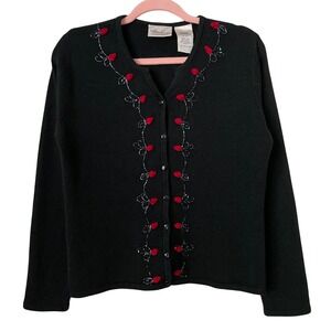 Vintage Kathie Lee Cardigan Womens Small Black Beaded Rose Fairygoth Whimsigoth